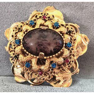 Vintage Gold Tone Brooch With Multicolored Centerpiece & Blue Accents